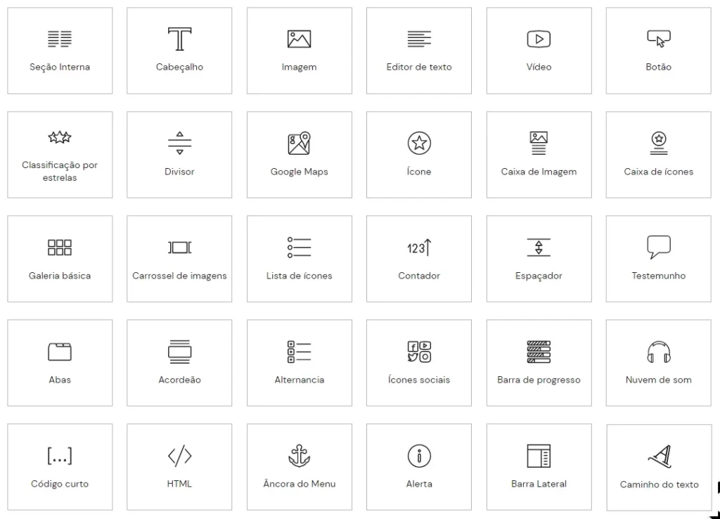 Captura de tela: Widgets comuns ao Elementor Free e Pro